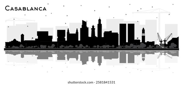 Casablanca Morocco City Skyline Silhouette with Black Buildings and reflections Isolated on White. Vector Illustration. Travel Concept with Historic Architecture. Casablanca Cityscape with Landmarks. 