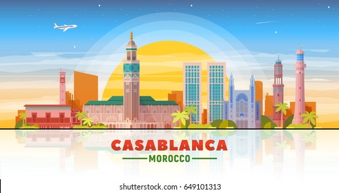 Casablanca, ( Morocco) city skyline vector illustration sky background. Business travel and tourism concept with modern buildings. Image for presentation, banner, web site.