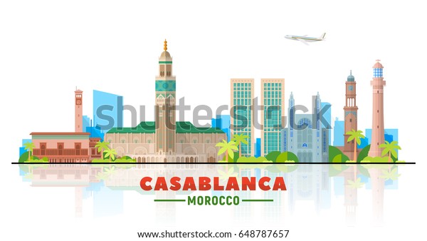 白い背景にカサブランカ モロッコ の都市の天窓ベクターイラスト 近代的な建物を使ったビジネス旅行や観光のコンセプト プレゼンテーション バナー ウェブサイト用の画像 のベクター画像素材 ロイヤリティフリー