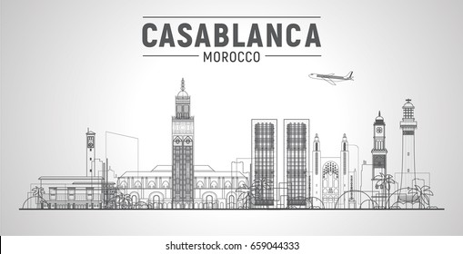 Casablanca, ( Morocco) line city skyline vector illustration sky background. Business travel and tourism concept with modern buildings. Image for presentation, banner, web site.