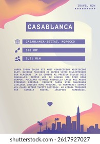 Casablanca, Morocco vector infographics, brochure layout. Guide, leaflet, flyer, advertising graphic template with text, information, city skyline shape. Page, festival, cover mock up image