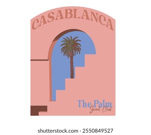 Casablanca palm resort vector art, summer holiday artwork for t shirt, poster, graphic print, Casablanca Morocco vacation art