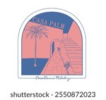 Casablanca retro vintage palm resort vector design, summer beach holidays vector artwork for t shirt, poster, graphic print, retro pink palm art