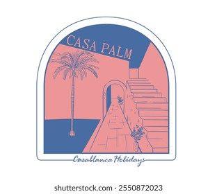 Casablanca retro vintage palm resort diseño de Vector, vacaciones de playa de verano Vector ilustraciones para camiseta, cartel, impresión gráfica, retro rosa palm art