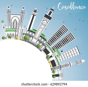 Casablanca Skyline with Gray Buildings, Blue Sky and Copy Space. Vector Illustration. Business Travel and Tourism Concept with Historic Architecture. Image for Presentation Banner Placard and Web Site