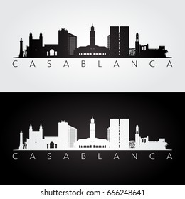 Casablanca skyline and landmarks silhouette, black and white design, vector illustration.  