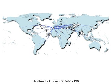 Casablanca-Morocco in concept vector illustration, map showing flights from Casablanca-Morocco to major cities around the world.