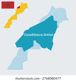 
Casablanca-Settat Morocco Map and Flag - Most Populous Region, Casablanca Capital and Atlantic Coast Vector Outline.