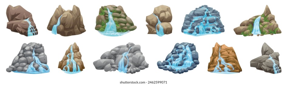 Cascade cartoon vector icons. A series of rock formations with water flowing through them. The water is blue and the rocks are gray and brown