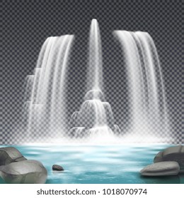 Cascade fountain waterworks realistic architectural element design with stones and waterfall on dark transparent background vector illustration   