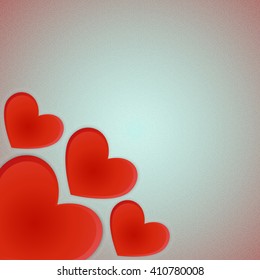 Cascade of one large and three small charming bright red hearts with the volume and shadow on a light blue background retro side.