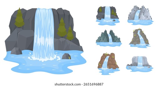 Cascade and stream vector. Blue waterfall flow over cliff and rocks with jungle island, lake, park and wild nature. Tropical mountain scenery with river splash and fresh water in cartoon illustration.
