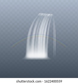 Cascade water falling from top to bottom with rainbow through it realistic style, vector illustration isolated on transparent background. Template of wide flowing waterfall aqua