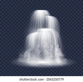 Cascade waterfall isolated on blue background. Nature fluid splash and drop. Falling river or mountain fall, aqua stream. Nature and flow landscape. Realistic vector illustration