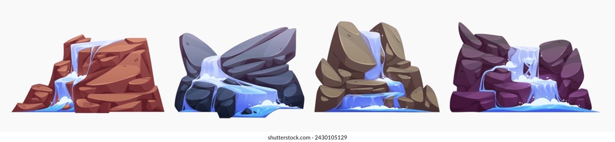 Cascade waterfall with jungle river flow and fall from high rocky cliffs. Cartoon vector illustration set of water in stream flood down from stones. Torrent stream collection for tropical landscape.