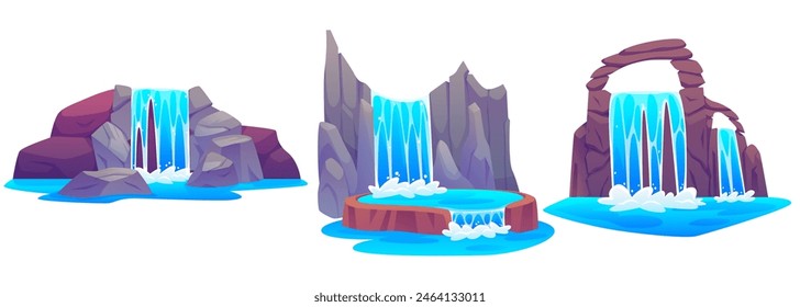 Cascade waterfall from mountain cartoon vector. Water fall stream from stone hill with splash landscape element. Coastal natural cliff with aqua torrent graphic fantasy environment game design
