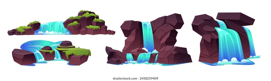 Cascade waterfall on rocky mountain with green grass. Cartoon vector illustration set of stone hills with falling blue water of river. Flood stream on cliff for natural summer landscape design.