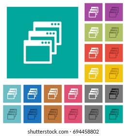 Cascade window view mode multi colored flat icons on plain square backgrounds. Included white and darker icon variations for hover or active effects.
