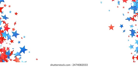 Cascading 3d red and blue stars on a white background, perfect for American celebration themes and designs.