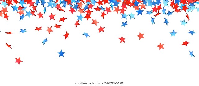 Cascading 3d red and blue stars on a white background, perfect for American celebration themes and designs.