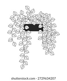 Kaskadierende Pothos Pflanze in Topf 2D Linie Objekt. Topfpflanze mit üppigen Reben. Indoor Grün mit hängenden Blättern isoliert Clipart Vektor Tinte Umriss Element. Schwarzweißdarstellung