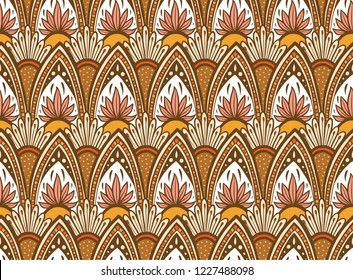 Cascading seamless boho leaf and flower mandala pattern. Retro, seventies inspired print in peach, tan, mustard, yellow, bronze and cream. 