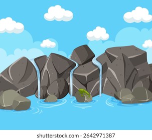Cascading water over rocks under a bright sky