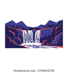 Cascading waterfall flowing into a serene stream under a starry night sky with dark blue and red rocky cliffs