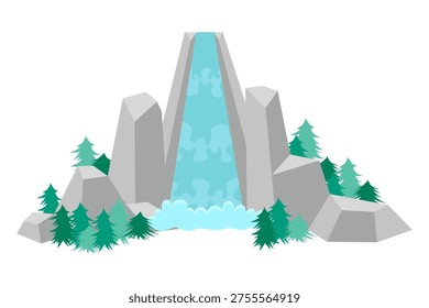 Cascading waterfall flows down towering stone cliffs. Evergreen trees frame the rugged rock formation. Freshwater rushes with energy and grace. Nature's power meets serene forest surroundings