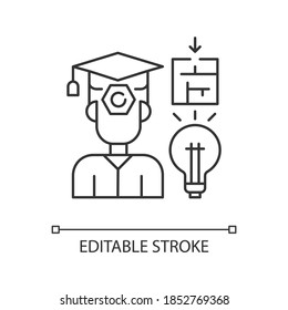 Case based exam pixel perfect linear icon. Problems solution and idea. Defence of competition. Thin line customizable illustration. Contour symbol. Vector isolated outline drawing. Editable stroke