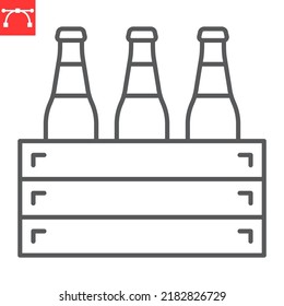 Case of beer line icon, beverage and oktoberfest, beer bottles in wooden crate vector icon, vector graphics, editable stroke outline sign, eps 10.