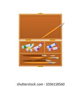 Case with brushes, multi-colored tubes with paint and markers. Tools and accessories for painting paintings. Art, engaged, hobby, creative work. Vector illustration isolated.