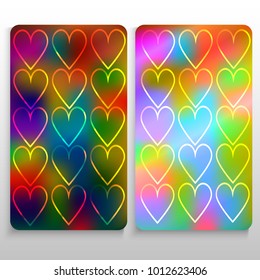 Case for cell phone. Multicolor cover. Flat design. Different gradients. Postcard with hearts.
