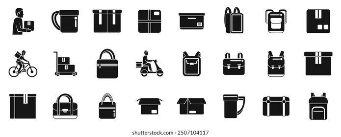 Case courier icons set. This set of icons shows the many different ways packages are delivered and the various types of packaging used