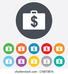Case with Dollars USD sign icon. Briefcase button. Round colourful 11 buttons. Vector