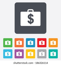 Case with Dollars USD sign icon. Briefcase button. Rounded squares 11 buttons. Vector