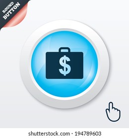 Case with Dollars USD sign icon. Briefcase button. Blue shiny button. Modern UI website button with hand cursor pointer. Vector