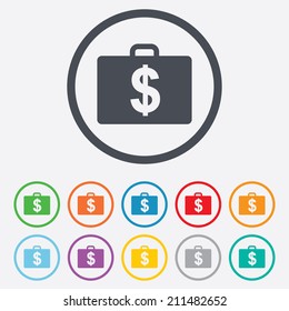 Case with Dollars USD sign icon. Briefcase button. Round circle buttons with frame. Vector