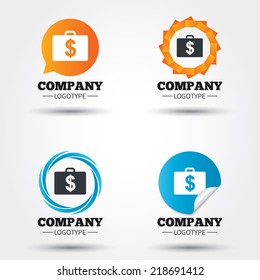 Case with Dollars USD sign icon. Briefcase button. Business abstract circle logos. Icon in speech bubble, wreath. Vector