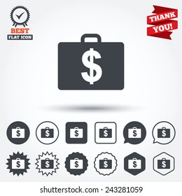 Case with Dollars USD sign icon. Briefcase button. Circle, star, speech bubble and square buttons. Award medal with check mark. Thank you ribbon. Vector