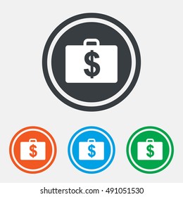 Case with Dollars USD sign icon. Briefcase button. Graphic design web element. Flat diplomat symbol on the round button. Vector
