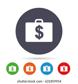 Case with Dollars USD sign icon. Briefcase button. Round colourful buttons with flat icons. Vector