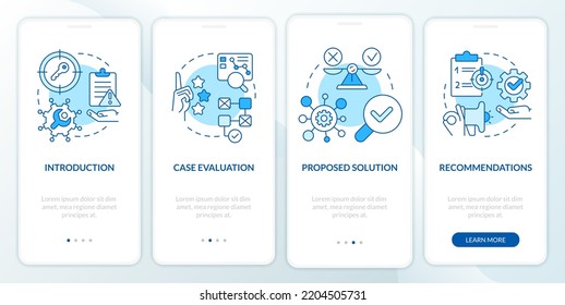 Case drafting blue onboarding mobile app screen. Studying plan walkthrough 4 steps editable graphic instructions with linear concepts. UI, UX, GUI template. Myriad Pro-Bold, Regular fonts used