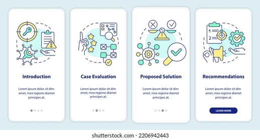 Case drafting onboarding mobile app screen. Studying plan walkthrough 4 steps editable graphic instructions with linear concepts. UI, UX, GUI template. Myriad Pro-Bold, Regular fonts used