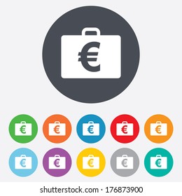 Case with Euro EUR sign icon. Briefcase button. Round colourful 11 buttons. Vector