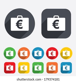 Case with Euro EUR sign icon. Briefcase button. Circles and rounded squares 12 buttons. Vector