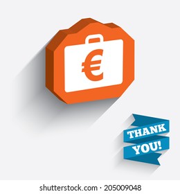 Case with Euro EUR sign icon. Briefcase button. White icon on orange 3D piece of wall. Carved in stone with long flat shadow. Vector
