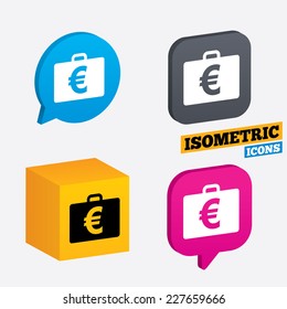Case with Euro EUR sign icon. Briefcase button. Isometric speech bubbles and cube. Rotated icons with edges. Vector