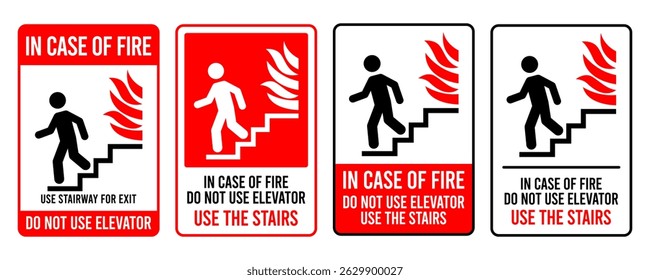In case of fire do not use elevator sign and labels. Emergency exit sign set. Man running out fire exit. Running man exit door sign. Escape help evacuation. Safety vector symbol. Vector Illustration.