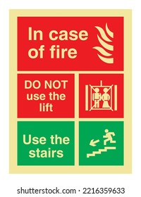 In the case of fire - International Fire Control and Safety Signs - Fire control, Lift signs, The stairs, and Emergency equipment, Fire Emergency service.